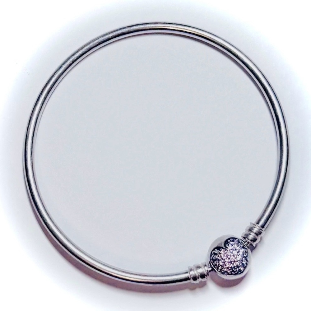 Pandora Silver Pink Heart Clasp Charm Bangle Bracelet - Women's Jewelry